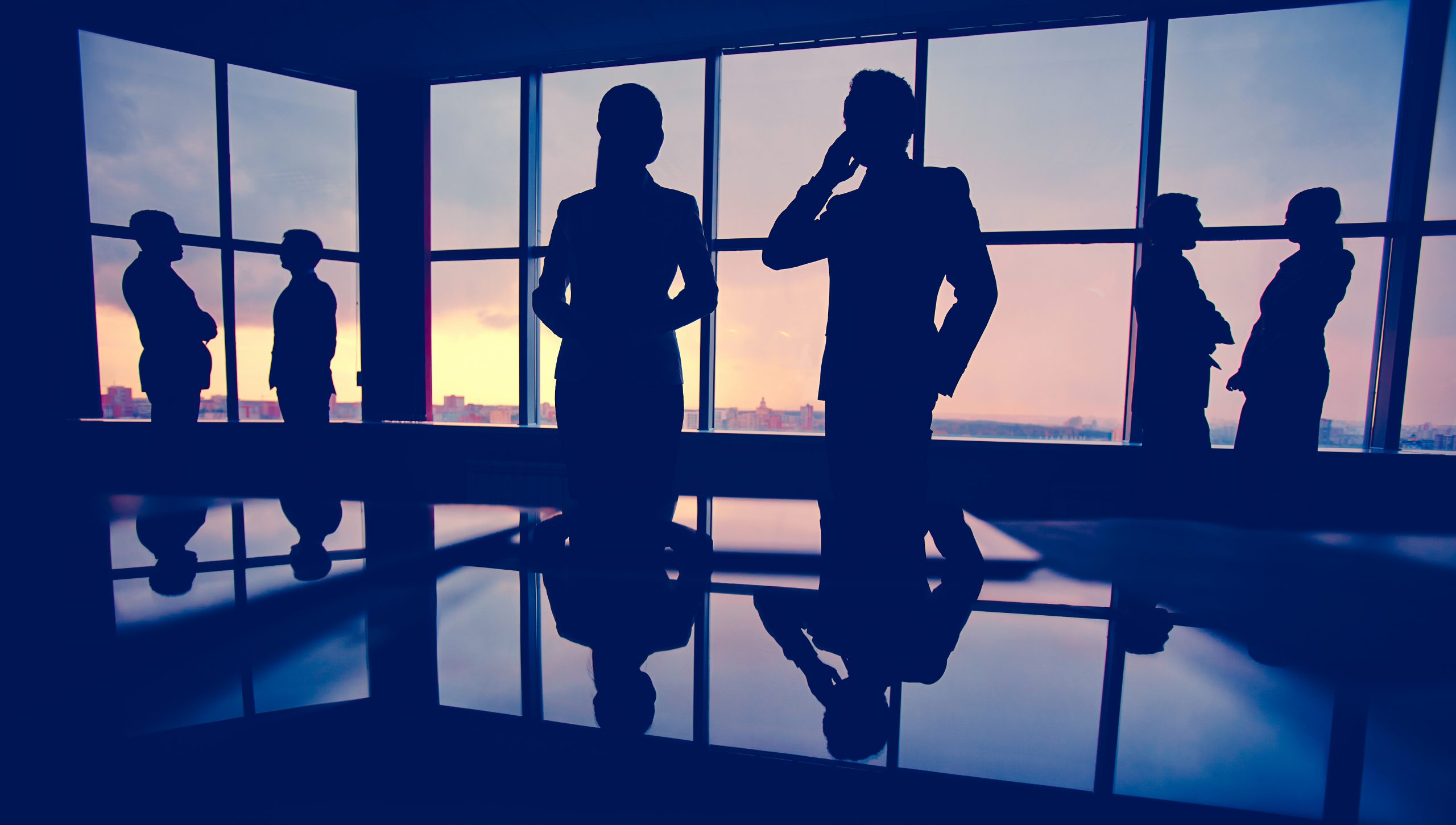 Silhouettes of several colleagues communicating in office